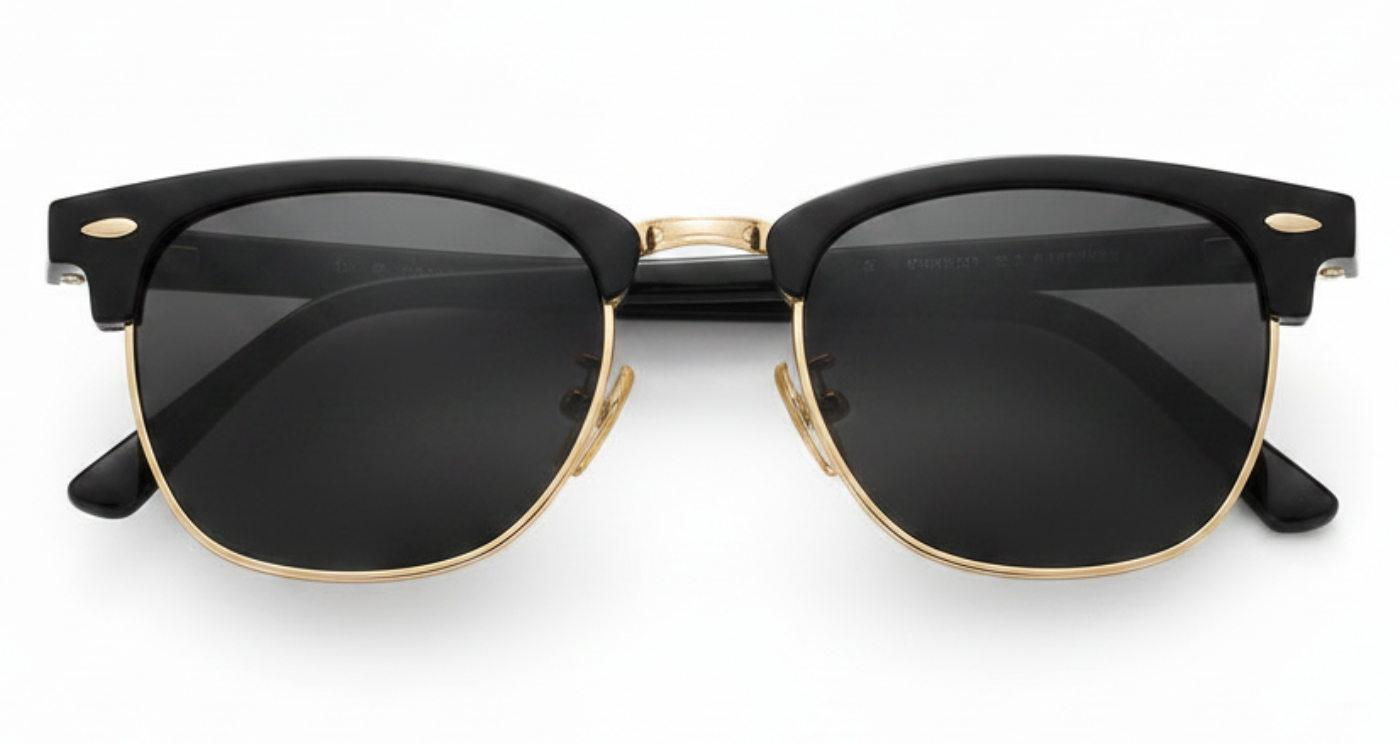 Cardiff - Black and gold classic wayfarer-style sunglasses with dark lenses, shown from the front on a white background by Missandtrendy.