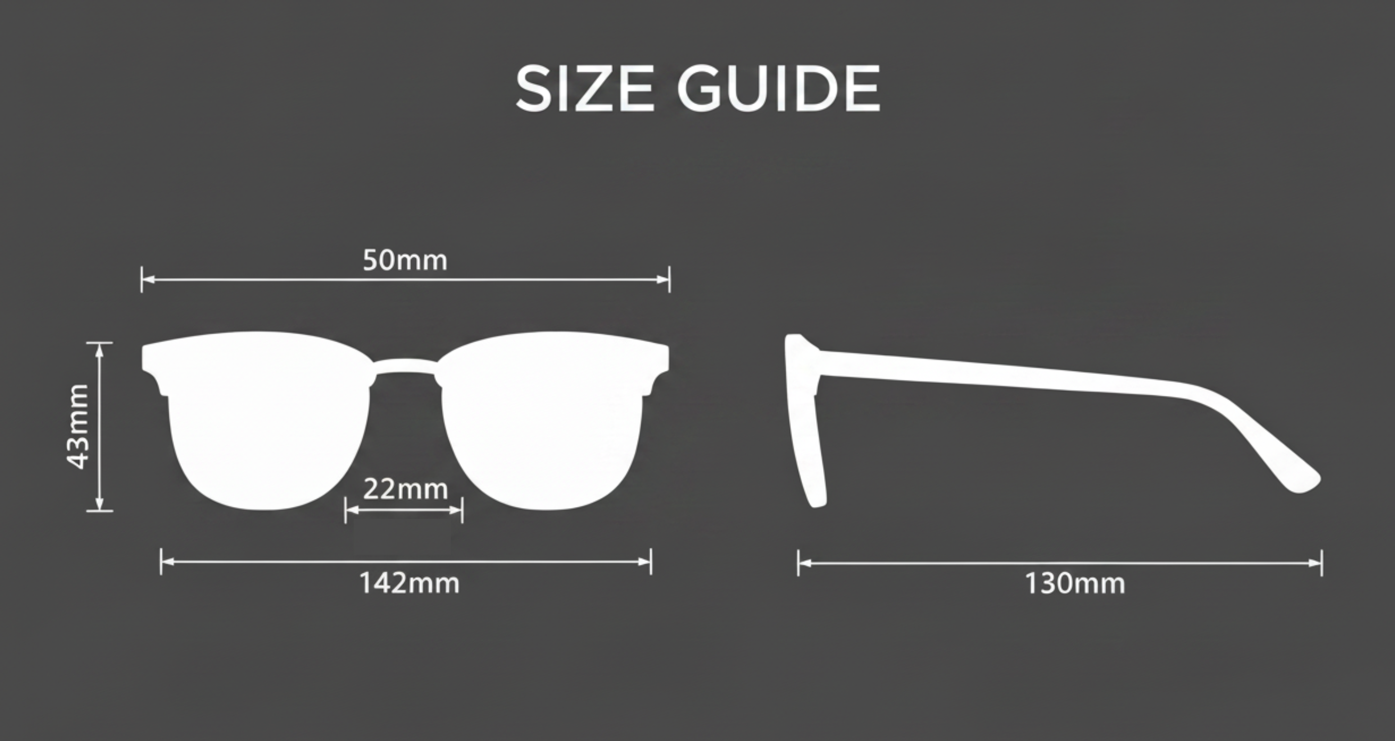 Cardiff - A size guide diagram for sunglasses on a dark gray background, showing white silhouette views of the front and side with labeled measurements including 50mm, 142mm, 130mm, 43mm, 22mm, and 50mm - Missandtrendy
