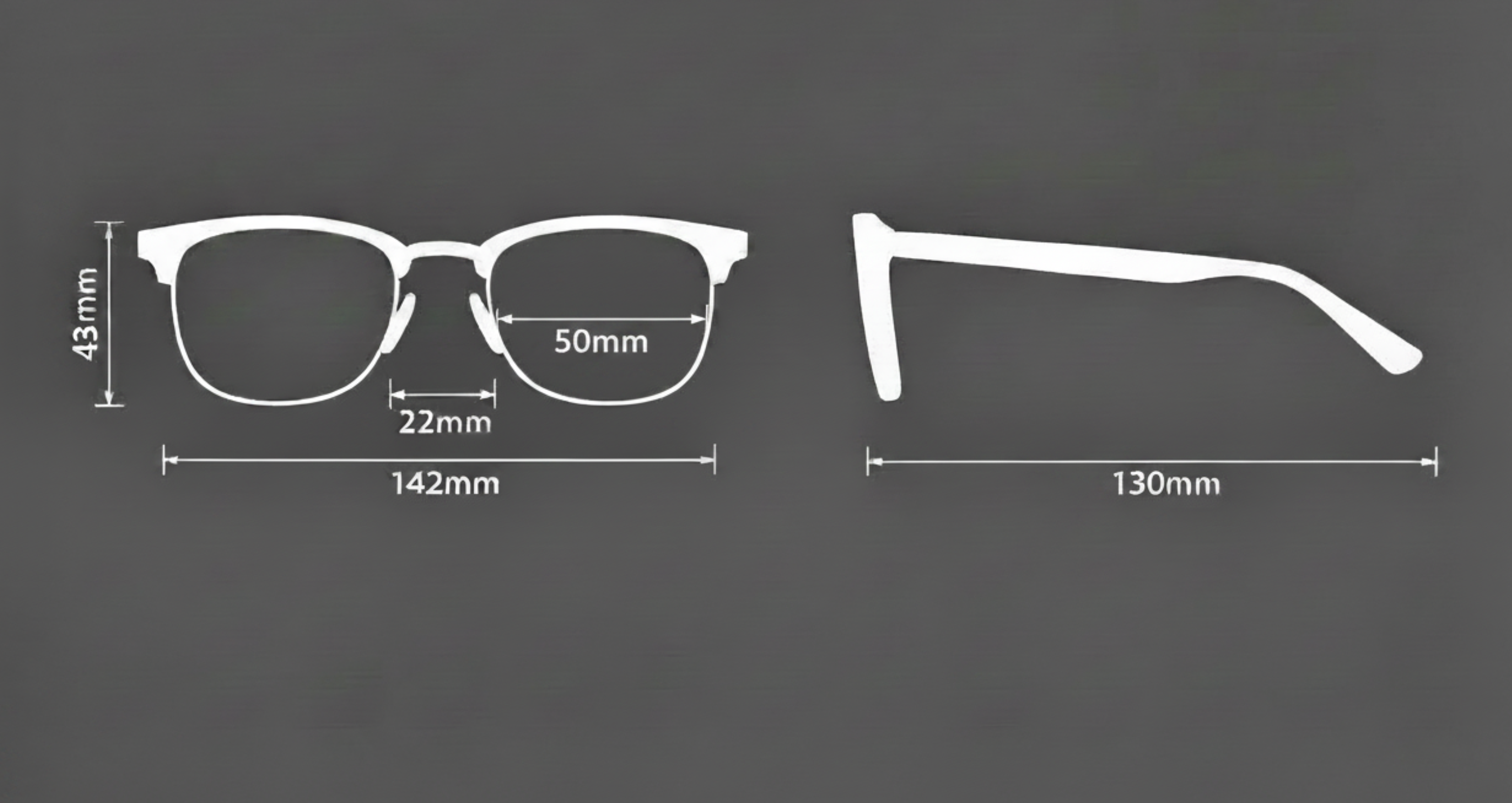 White eyeglass frame shown from the front and side on a dark gray background, with measurement labels and dimensions including 142mm width, 130mm temple length, 43mm height, 22mm bridge width, and 50mm lens distance.