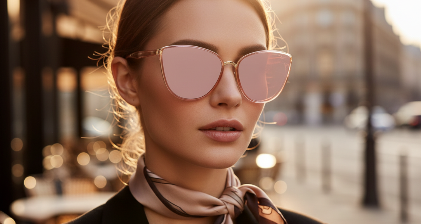 Missandtrendy Cayenne III Women's Polycarbonate pink frame and pink lens Butterfly UV 400 Sunglasses worn by an elegant female model