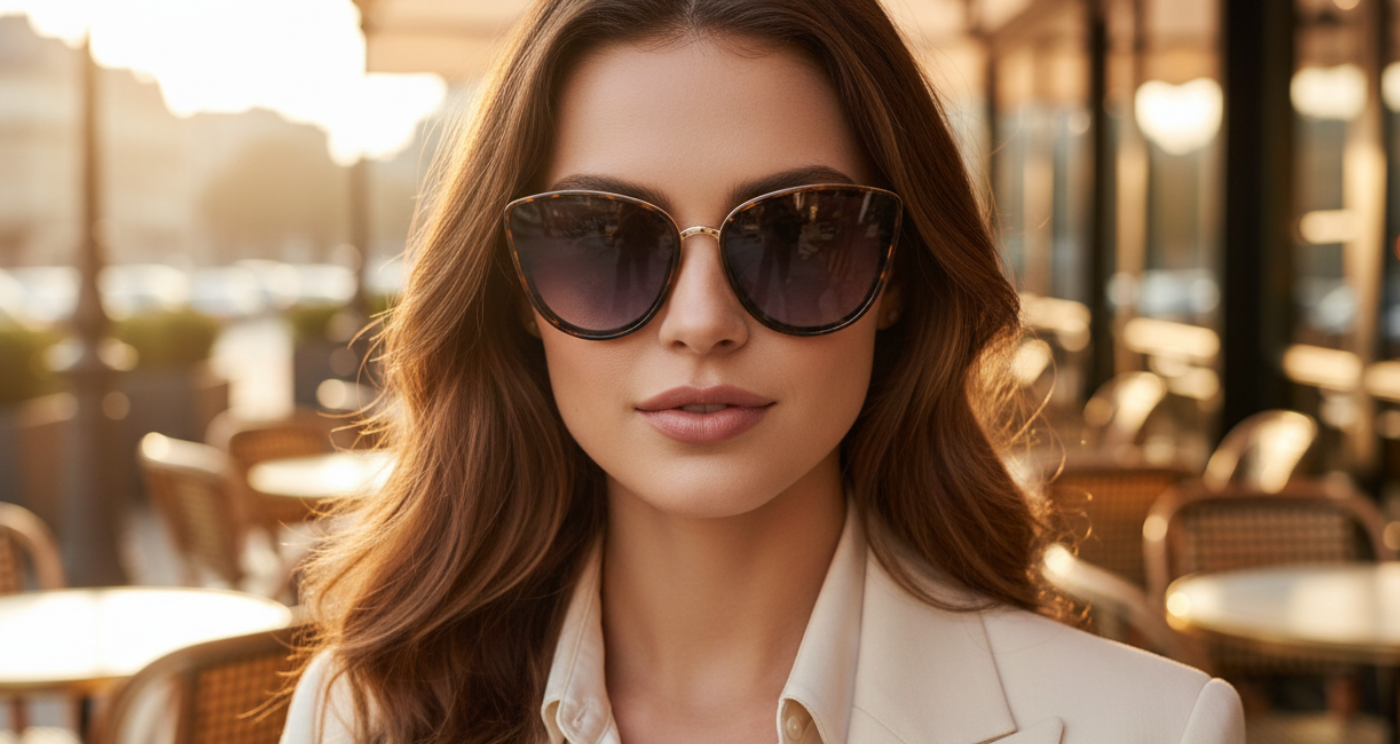 Missandtrendy Cayenne III Women's Polycarbonate tortoiseshell frame and gradient blue lens Butterfly UV 400 Sunglasses worn by an elegant female model