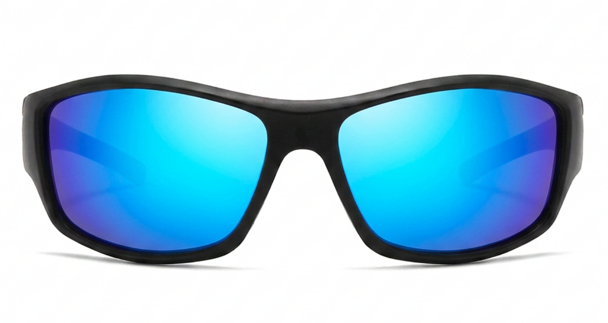 Black wrap-around Polarised UV 400 Sports Cycling Sunglasses with vibrant blue mirrored lenses, shown against a plain white background.