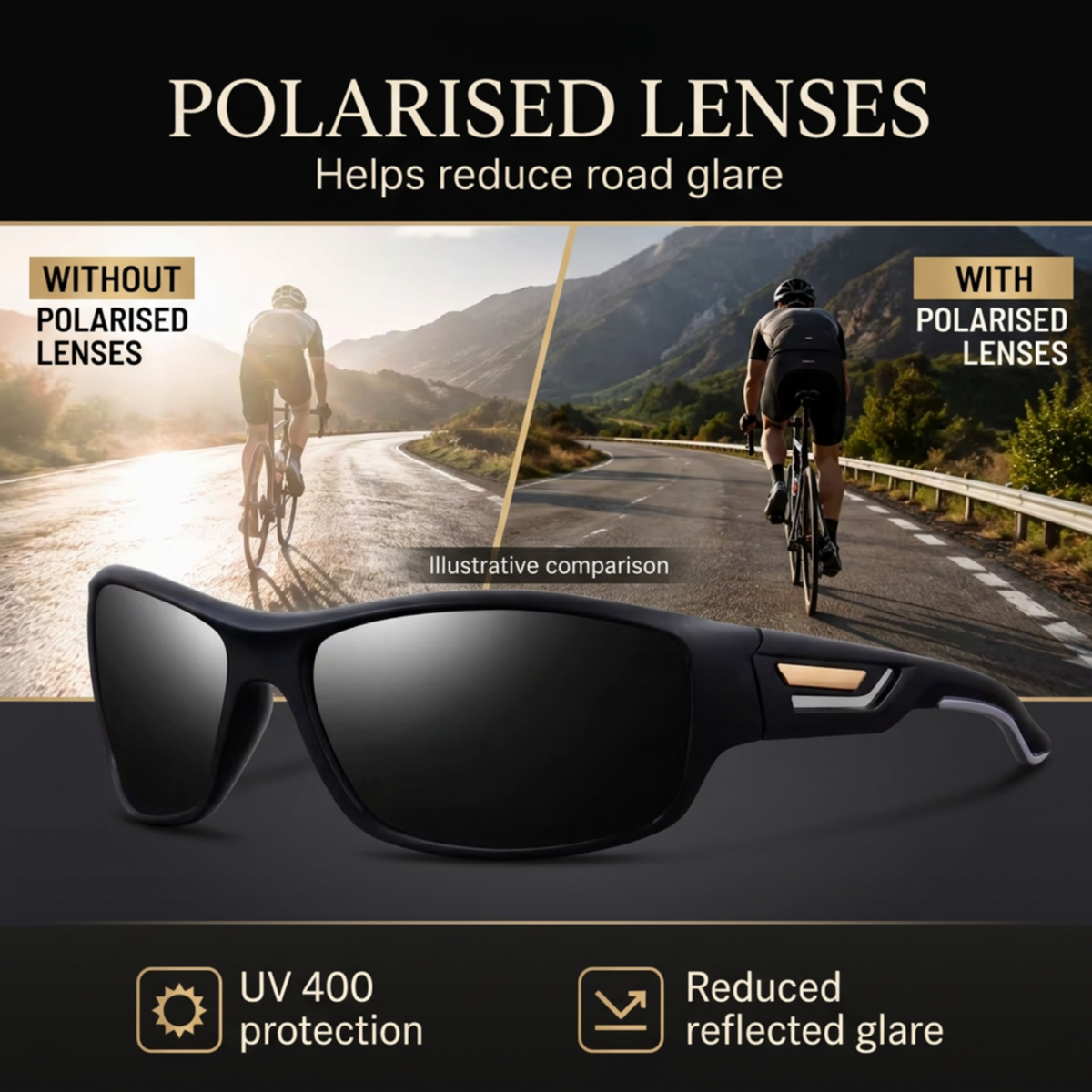 Black polarised uv400 sunglasses with dark lenses shown in the foreground on a dark gradient background, with a scenic road and cyclists behind them illustrating the glare-reduction benefit of polarised lenses.