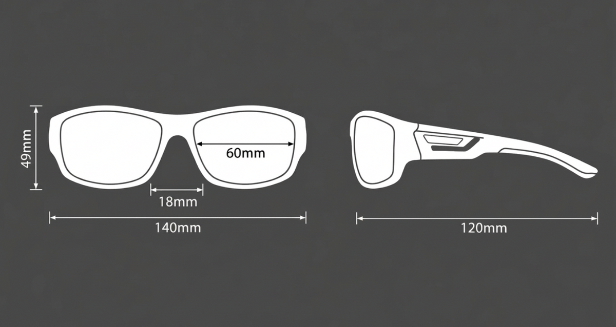 Challenger by Missandtrendy with White line-art schematic showing two views of eyeglasses with measurement labels: front view with 140mm width, 49mm height, 18mm bridge width, and 60mm lens width; side view with 120mm temple width. All on a dark gray background.