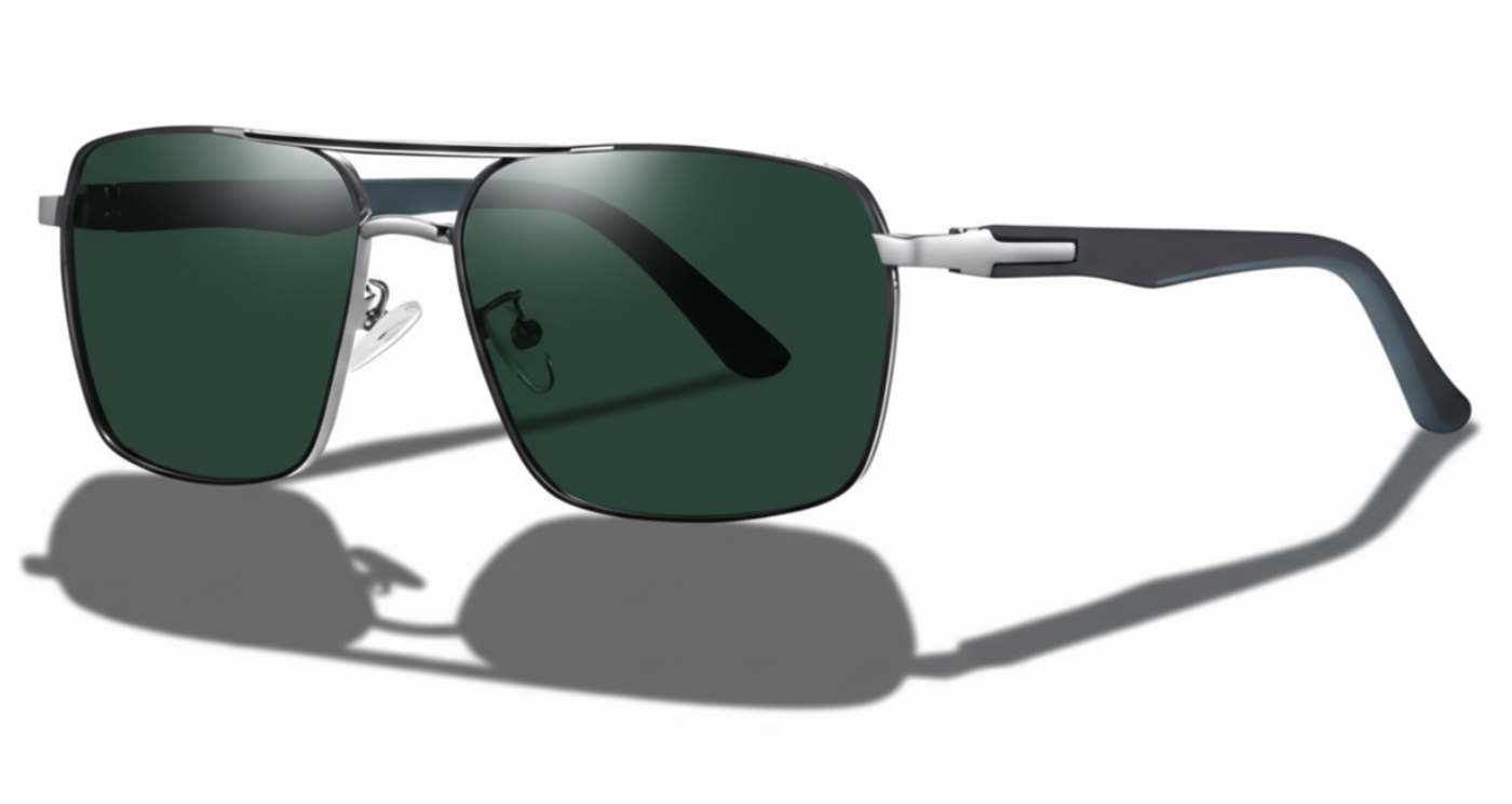 Clearvue black grey frame and green lens uv polarised sunglasses 45º side view new style