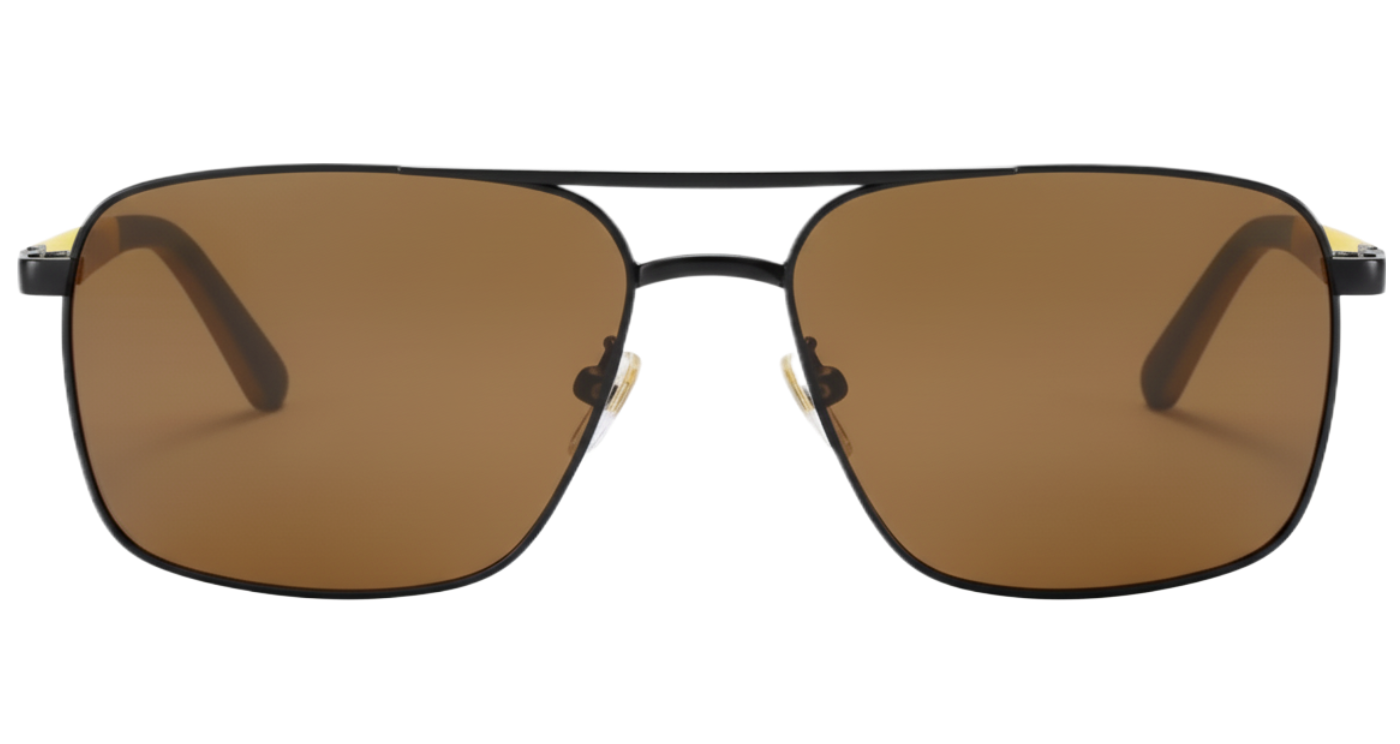 Clearvue black yelow frame and brown lens uv polarised sunglasses 0º side view