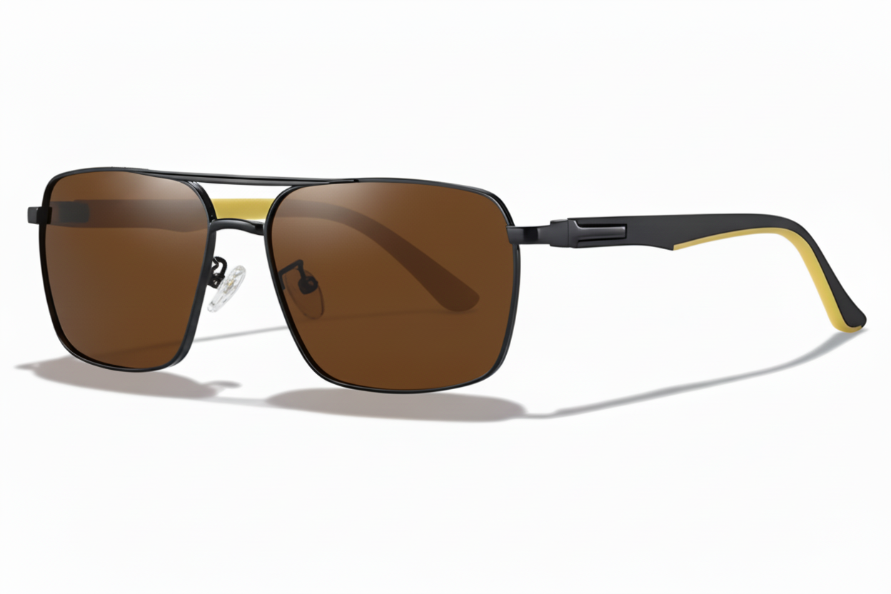 Clearvue black yelow frame and brown lens uv polarised sunglasses 45º side view
