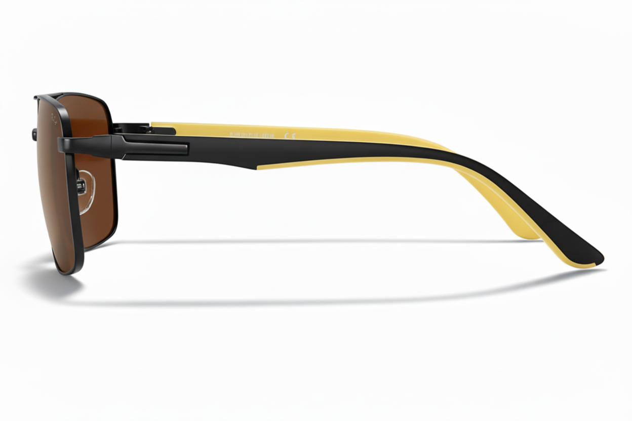Clearvue black yelow frame and brown lens uv polarised sunglasses 90º side view