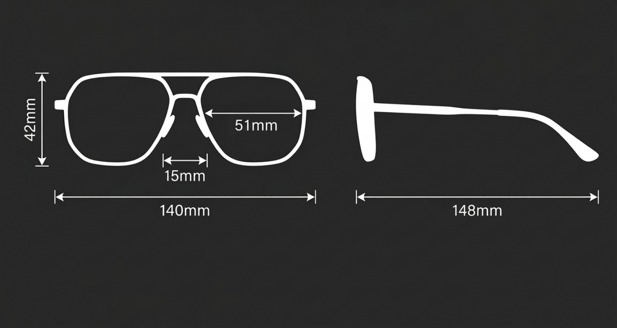 White line drawing of a pair of aviator-style glasses with dimension labels showing 140mm width, 148mm temple length, 42mm height, 51mm lens width, and 15mm bridge width on a dark gray background.