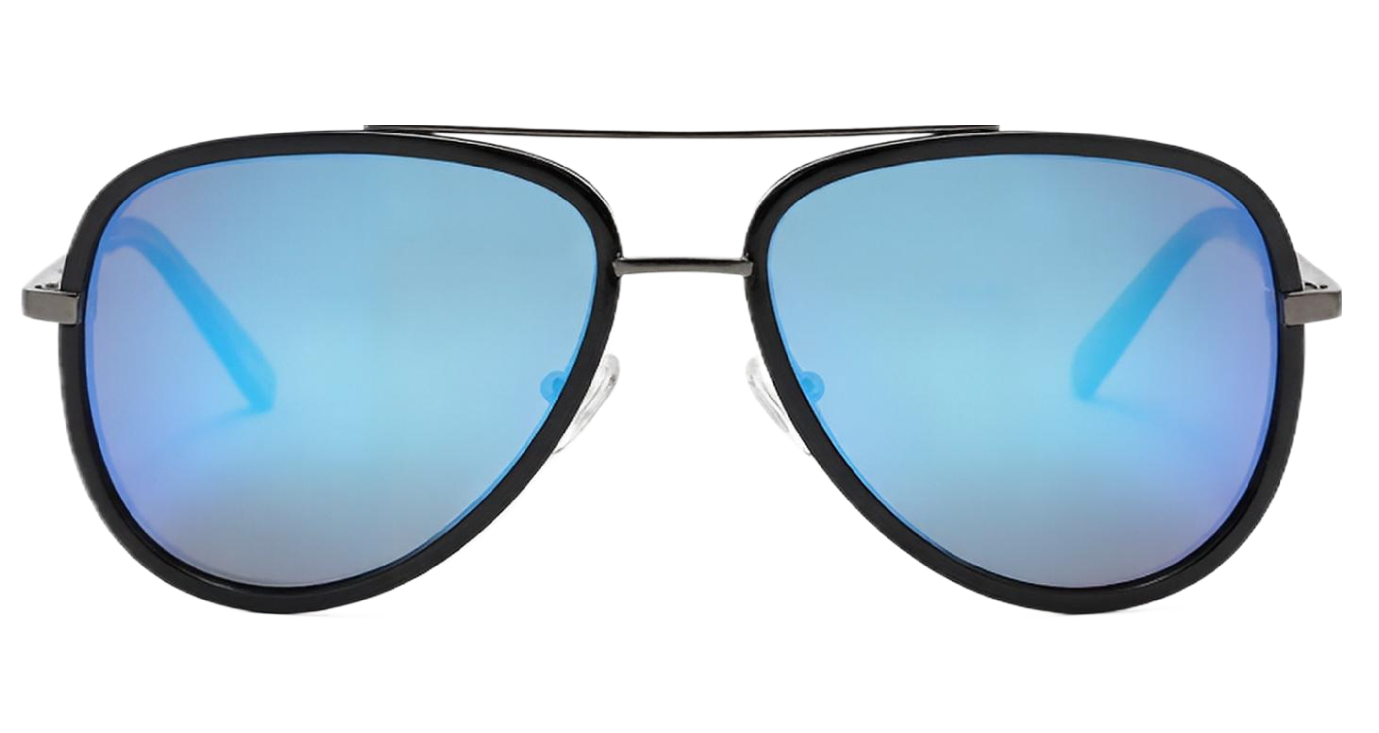 Dallas Mirror - A pair of aviator sunglasses with a black metal frame and blue mirrored UV polarised lenses, shown against a plain white background - Missandtrendy