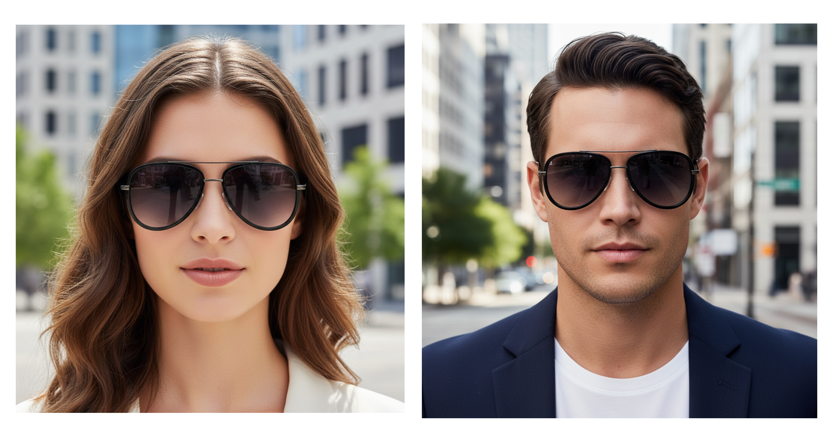 Dallas - A split-screen lifestyle image showing a woman with wavy brown hair and a man in a navy blazer wearing matching dark aviator sunglasses with black frames, set against blurred city street backdrops - Missandtrendy