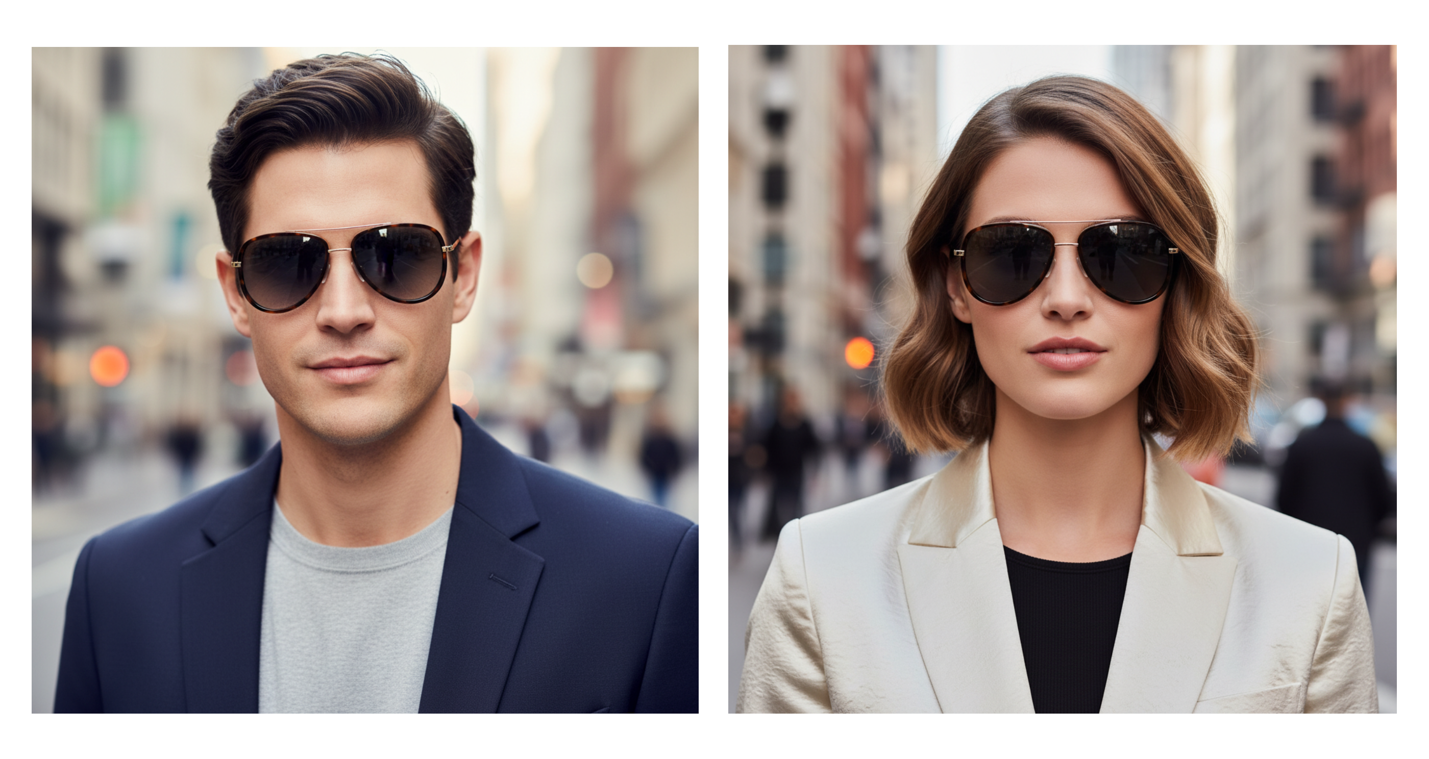 Dallas - A side-by-side comparison of a man and a woman wearing dark aviator sunglasses. The man on the left wears navy blue and gray clothing against a blurred city street background, while the woman on the right wears a cream blazer over a black top against a similar blurred city background - Missandtrendy