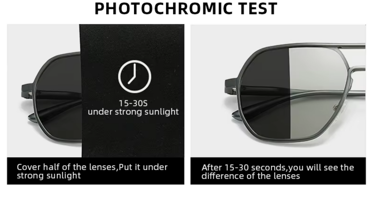 A product demonstration graphic titled 'PHOTOCHROMIC TEST' showing a pair of aviator-style sunglasses in two side-by-side panels. The left panel shows the sunglasses under strong sunlight with half the lenses covered, labeled '15-30S under strong sunlight.