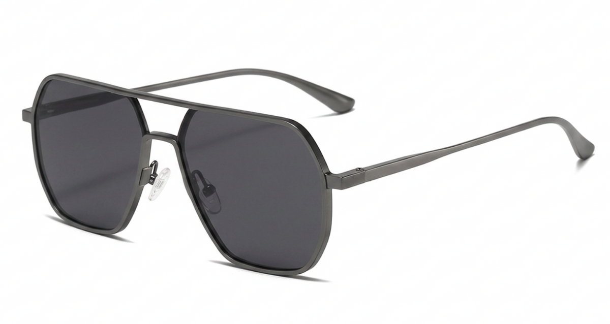 A pair of aviator-style photochomic UV polarised sunglasses with a matte dark gray metal frame and dark gray lenses, shown at a three-quarter angle on a white background.