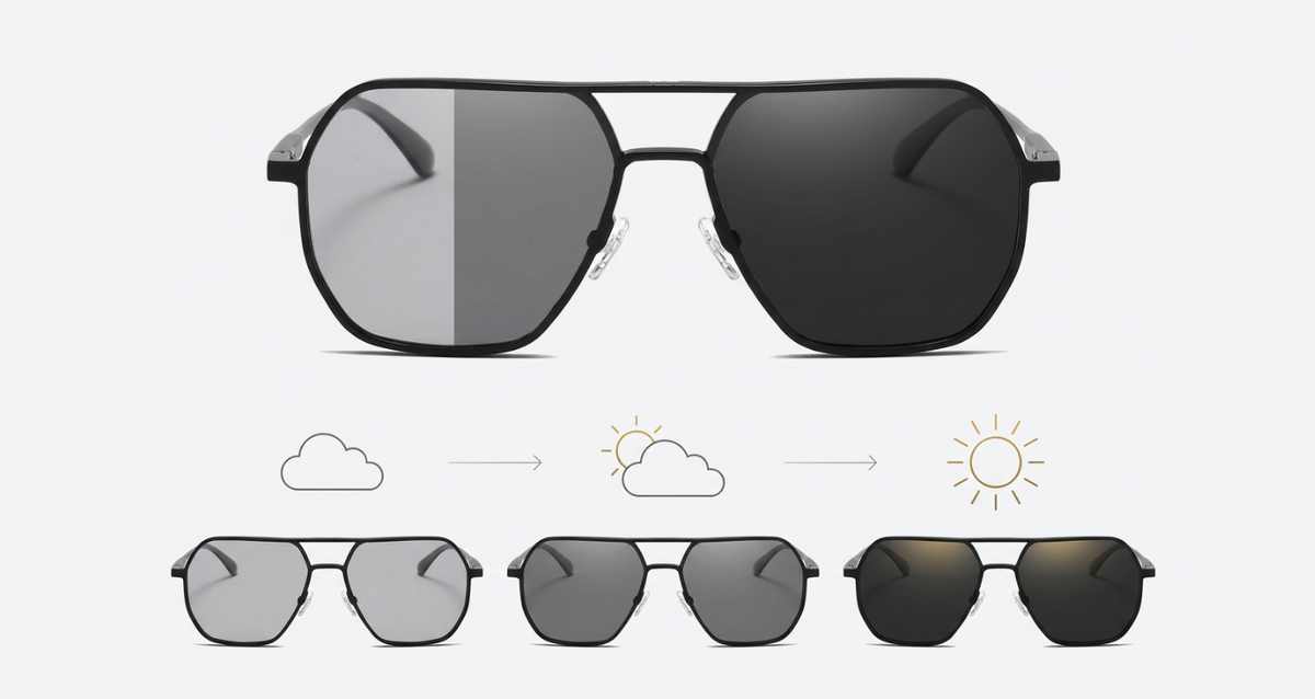 Black aviator-style photochomic UV polarised sunglassesshown on a light gray background, with a split lens view above demonstrating light-to-dark color shift, and three smaller views below showing tinted lenses under increasing sunlight intensity.
