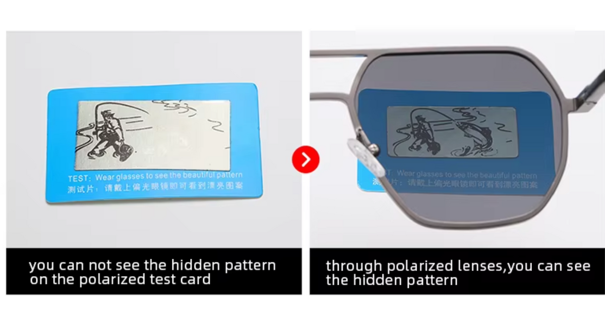 A side-by-side comparison showing a polarized test card: on the left, the card is not visible through regular lenses, while on the right, the same test pattern appears visible through polarized lenses. Text below explains the demonstration.
