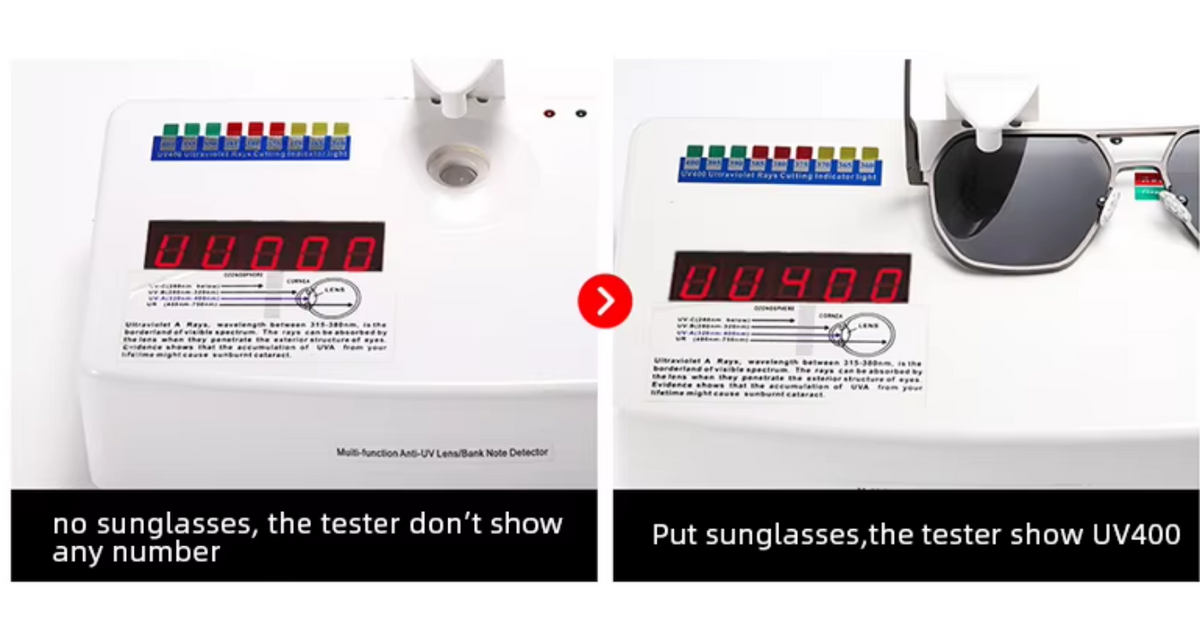 A side-by-side comparison showing a white UV lens tester device. The left panel shows the device with no sunglasses, displaying a red digital readout of 'uv400.