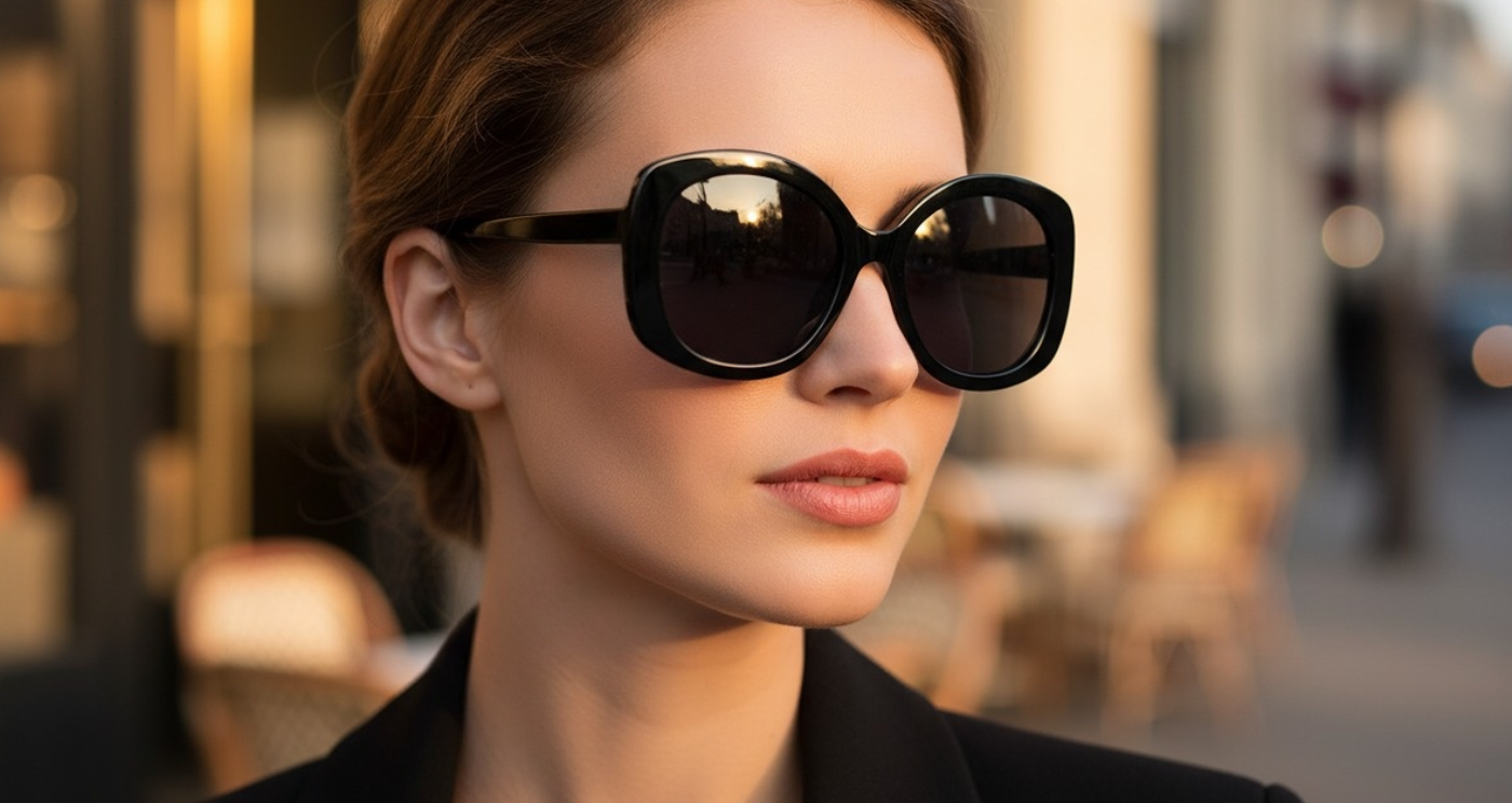 Woman wearing Diva black frame and black lens oversized polarised sunglasses by Missandtrendy 