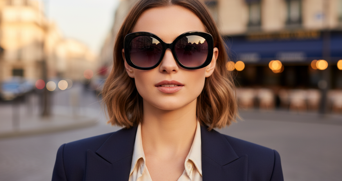 Woman wearing Diva black frame and gradient black lens oversized polarised sunglasses by Missandtrendy