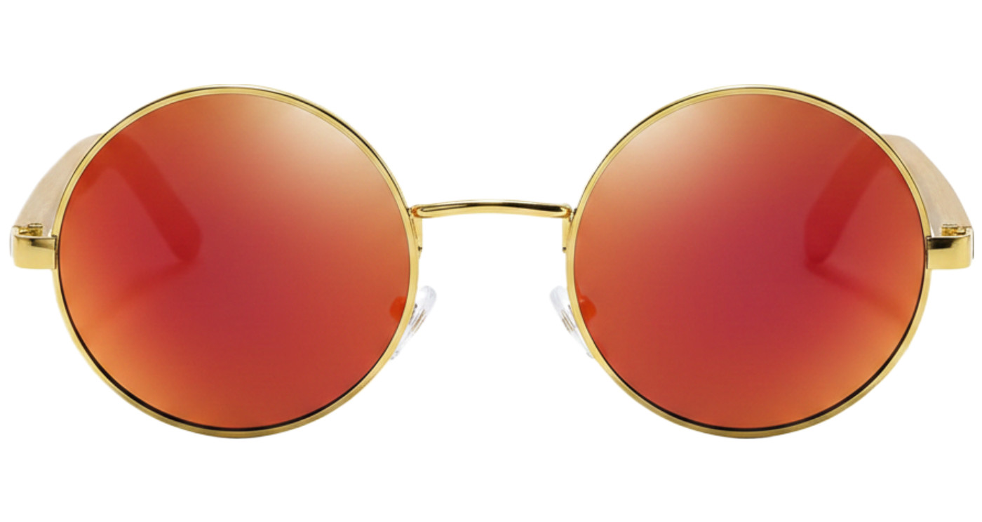 Missandtrendy Noble Unisex Bamboo UV Polarised sunglasses with wooden-gold frame and mirror orange lens 0º side view