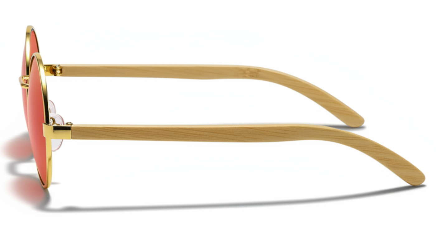 Missandtrendy Noble Unisex Bamboo UV Polarised sunglasses with wooden-gold frame and mirror orange lens 90º side view