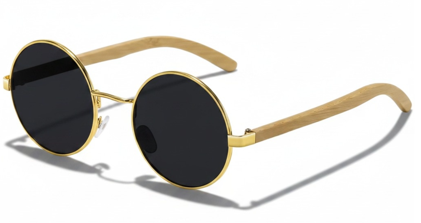 Missandtrendy Noble Unisex Bamboo UV Polarised sunglasses with wooden-gold frame and black lens 45º side view