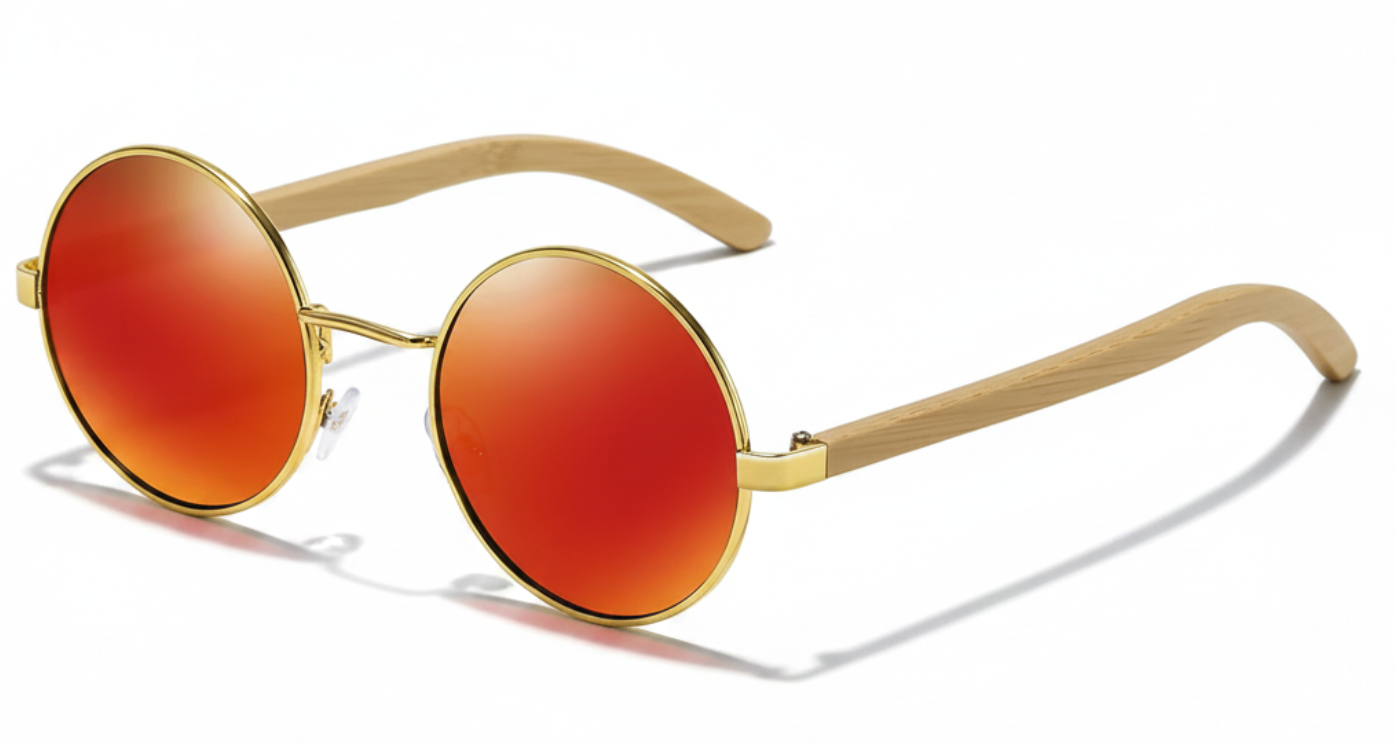 Missandtrendy Noble Unisex Bamboo UV Polarised sunglasses with wooden-gold frame and mirror orange lens 45º side view