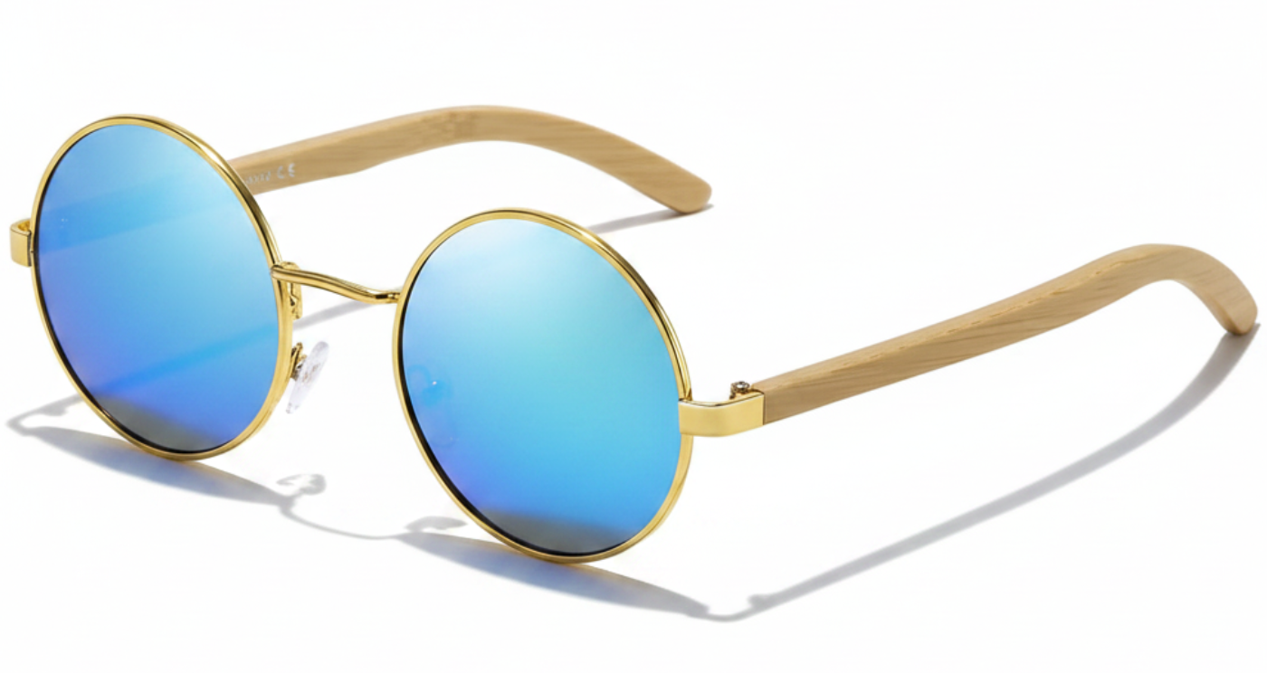 Missandtrendy Noble Unisex Bamboo UV Polarised sunglasses with wooden-gold frame and mirror blue lens 45º side view