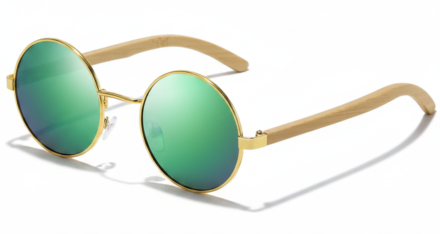 Missandtrendy Noble Unisex Bamboo UV Polarised sunglasses with wooden-gold frame and mirror green lens 45º side view