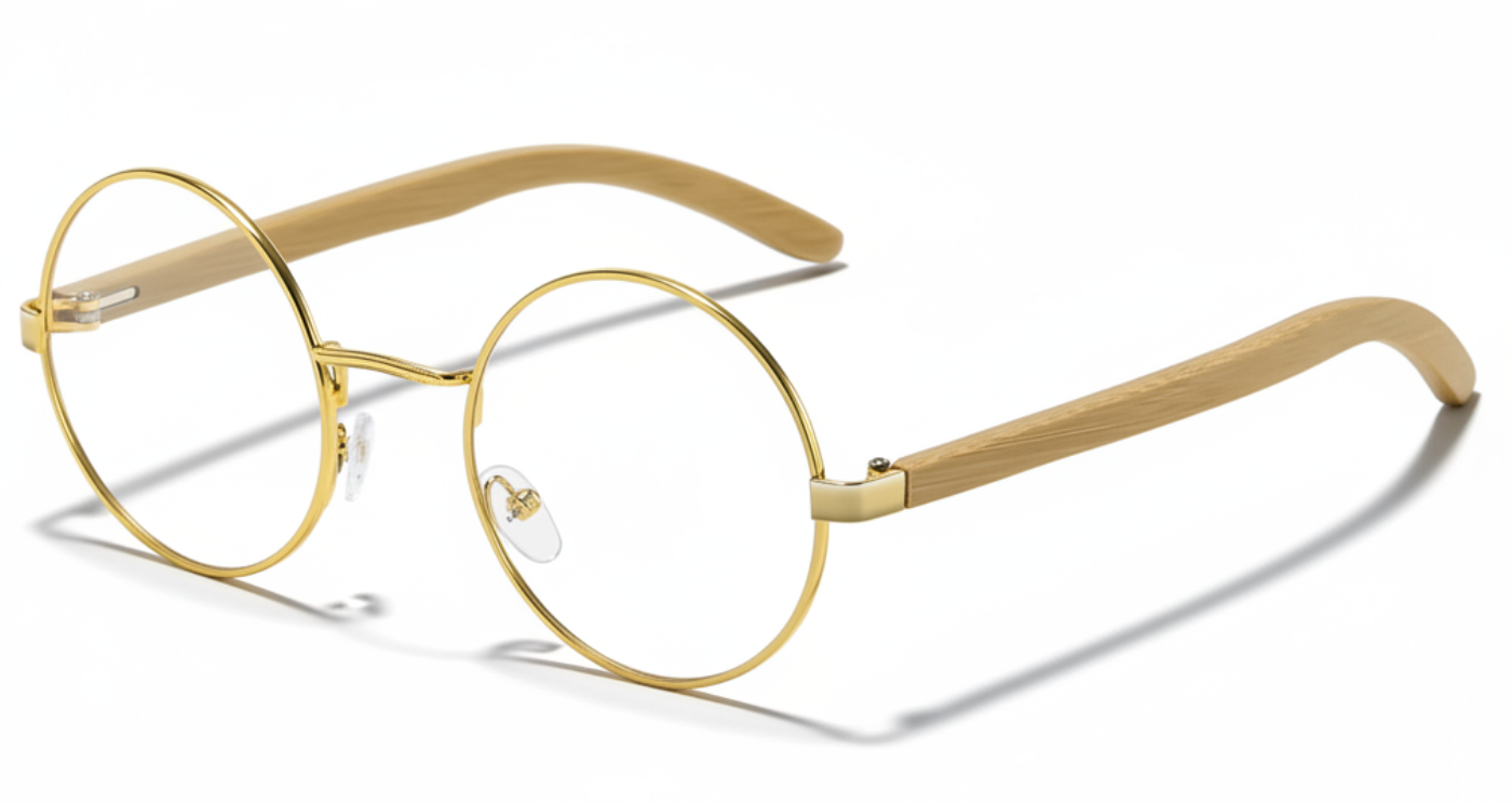 Missandtrendy Noble Unisex Bamboo UV Polarised sunglasses with wooden-gold frame and clear lens 45º side view