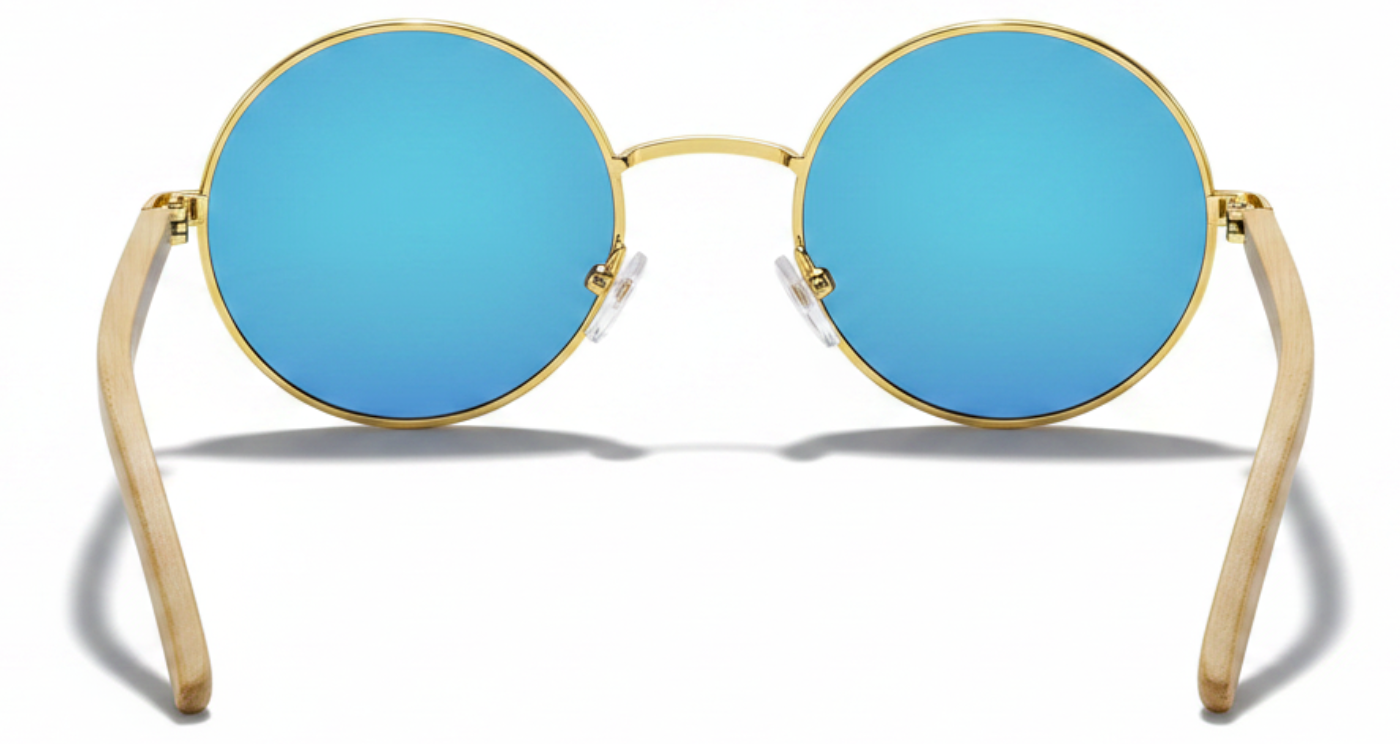 Missandtrendy Noble Unisex Bamboo UV Polarised sunglasses with wooden-gold frame and mirror blue lens 180º back side view