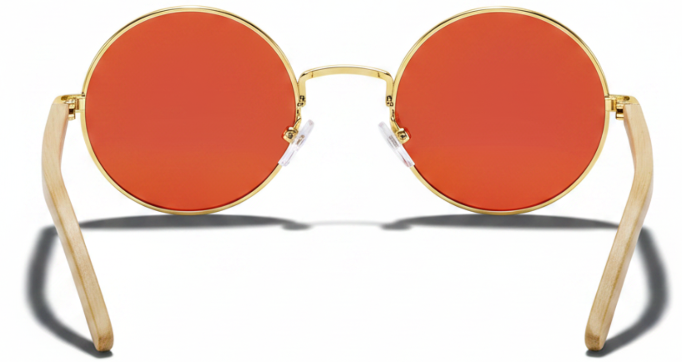 Missandtrendy Noble Unisex Bamboo UV Polarised sunglasses with wooden-gold frame and mirror orange lens 90º side view