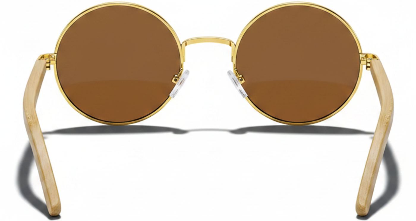 Missandtrendy Noble Unisex Bamboo UV Polarised sunglasses with wooden-gold frame and brown lens 180º back side view