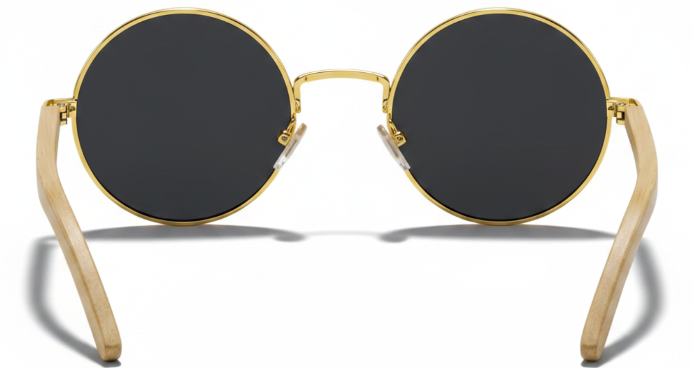 Missandtrendy Noble Unisex Bamboo UV Polarised sunglasses with wooden-gold frame and black lens 180º back side view