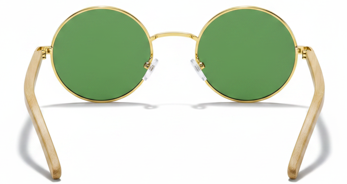 Missandtrendy Noble Unisex Bamboo UV Polarised sunglasses with wooden-gold frame and mirror green lens 180º back side view