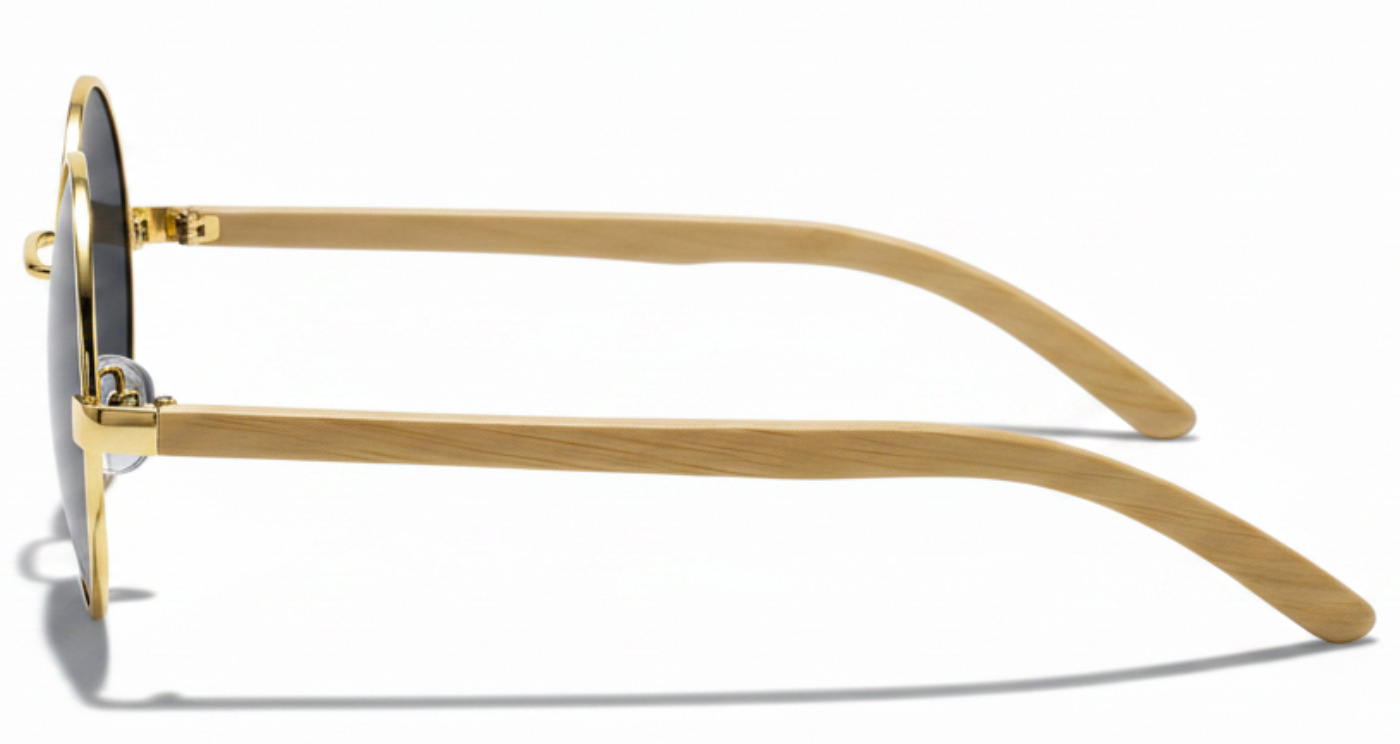 Missandtrendy Noble Unisex Bamboo UV Polarised sunglasses with wooden-gold frame and black lens 90º side view