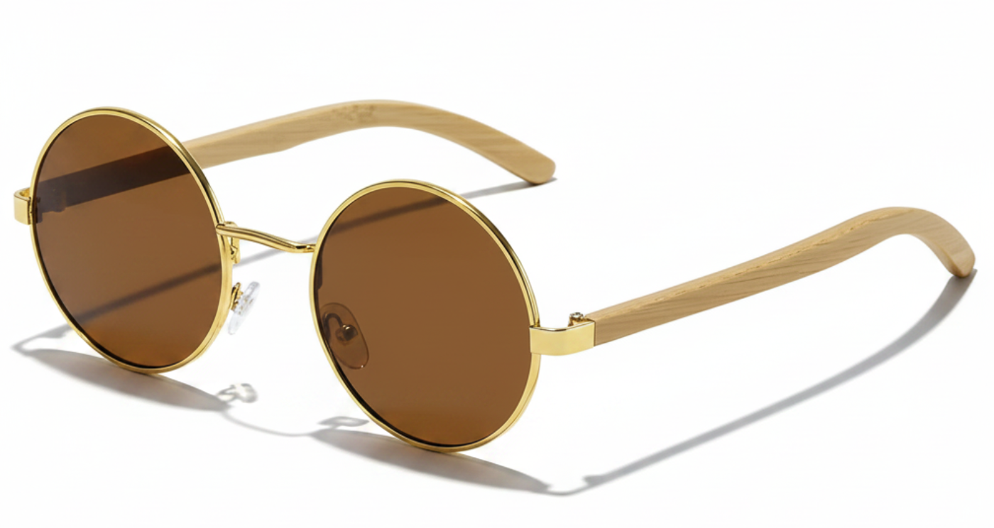 Missandtrendy Noble Unisex Bamboo UV Polarised sunglasses with wooden-gold frame and brown lens 45º side view