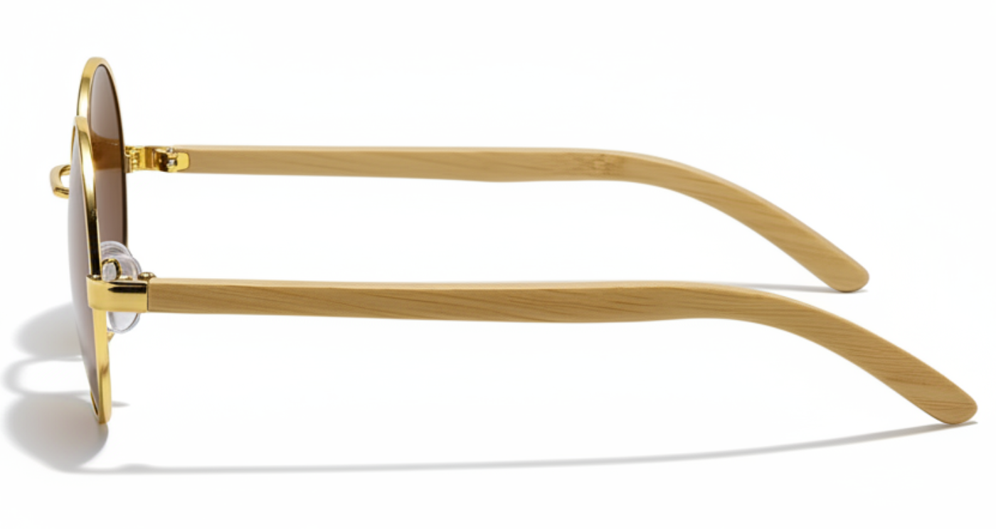 Missandtrendy Noble Unisex Bamboo UV Polarised sunglasses with wooden-gold frame and brown lens 90º side view