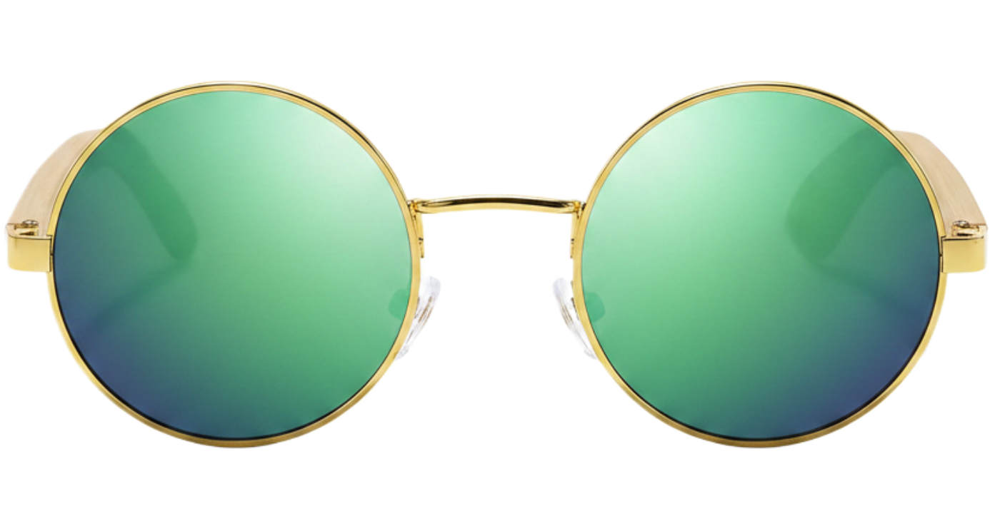 Missandtrendy Noble Unisex Bamboo UV Polarised sunglasses with wooden-gold frame and mirror green lens 0º side view