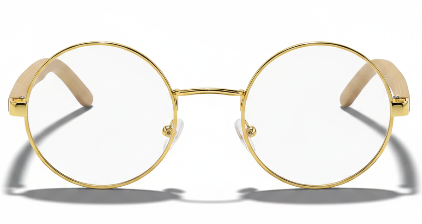 Missandtrendy Noble Unisex Bamboo UV Polarised sunglasses with wooden-gold frame and clear lens 0º side view