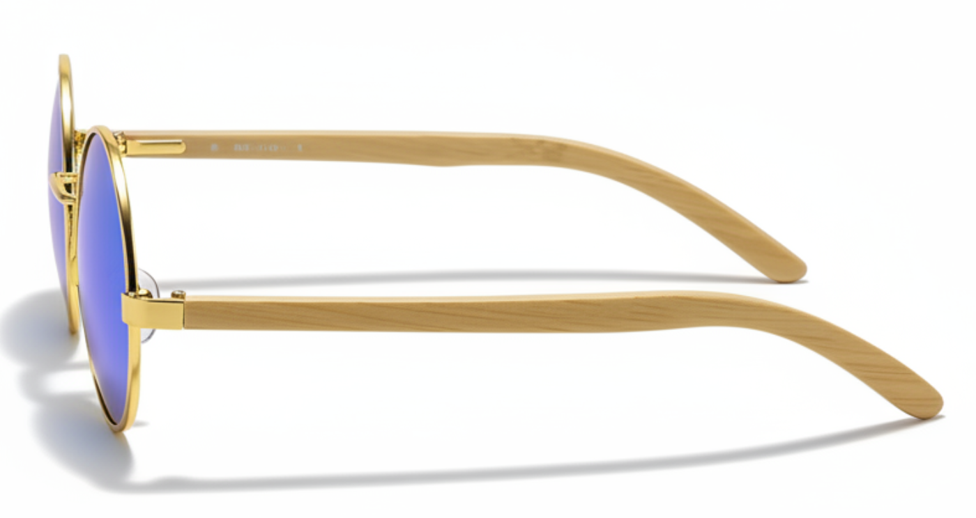 Missandtrendy Noble Unisex Bamboo UV Polarised sunglasses with wooden-gold frame and mirror blue lens 90º side view