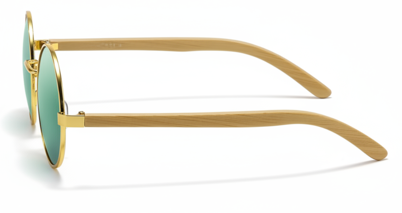 Missandtrendy Noble Unisex Bamboo UV Polarised sunglasses with wooden-gold frame and mirror green lens 90º side view