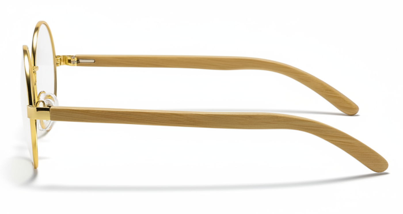 Missandtrendy Noble Unisex Bamboo UV Polarised sunglasses with wooden-gold frame and clear lens 90º side view