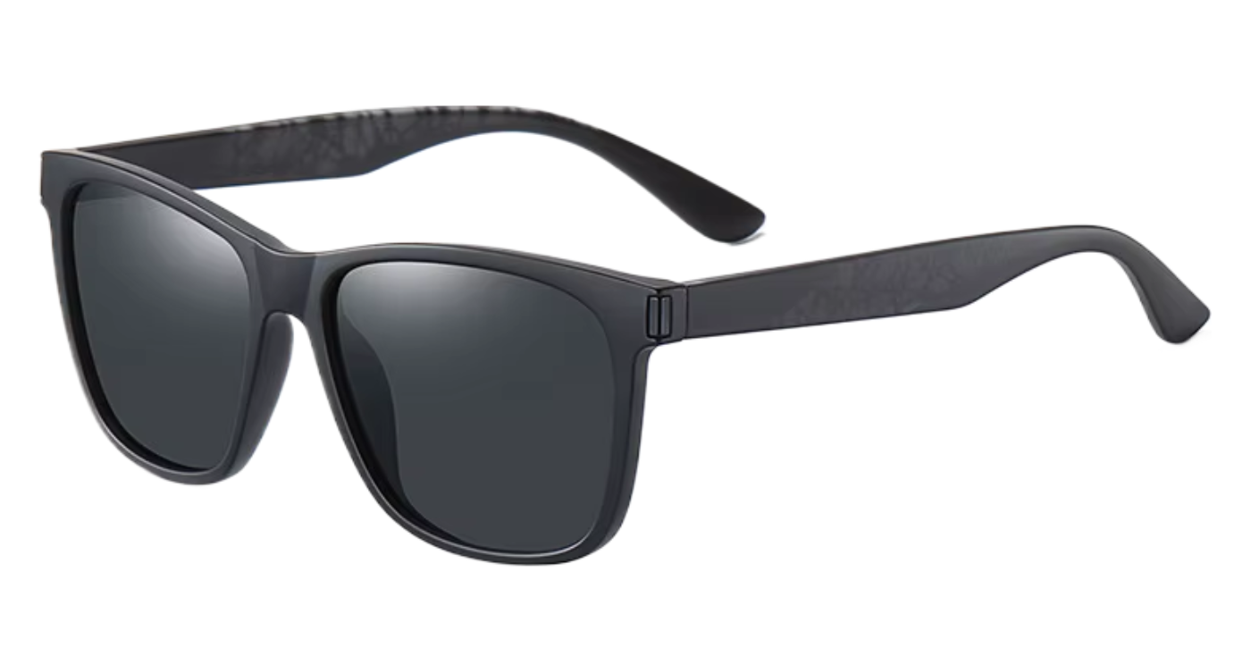 Matte black UV 400 polarised sunglasses with dark lenses and a subtle textured pattern on the temples, shown on a plain white background by issandtrendy.