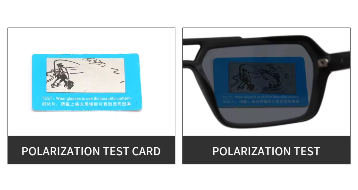 A split-screen comparison showing a polarization test card and sunglasses with a blue test pattern visible through the lenses. The left panel shows the blue and white test card labeled 'POLARIZATION TEST CARD', and the right panel shows the sunglasses labeled 'POLARIZATION TEST'.