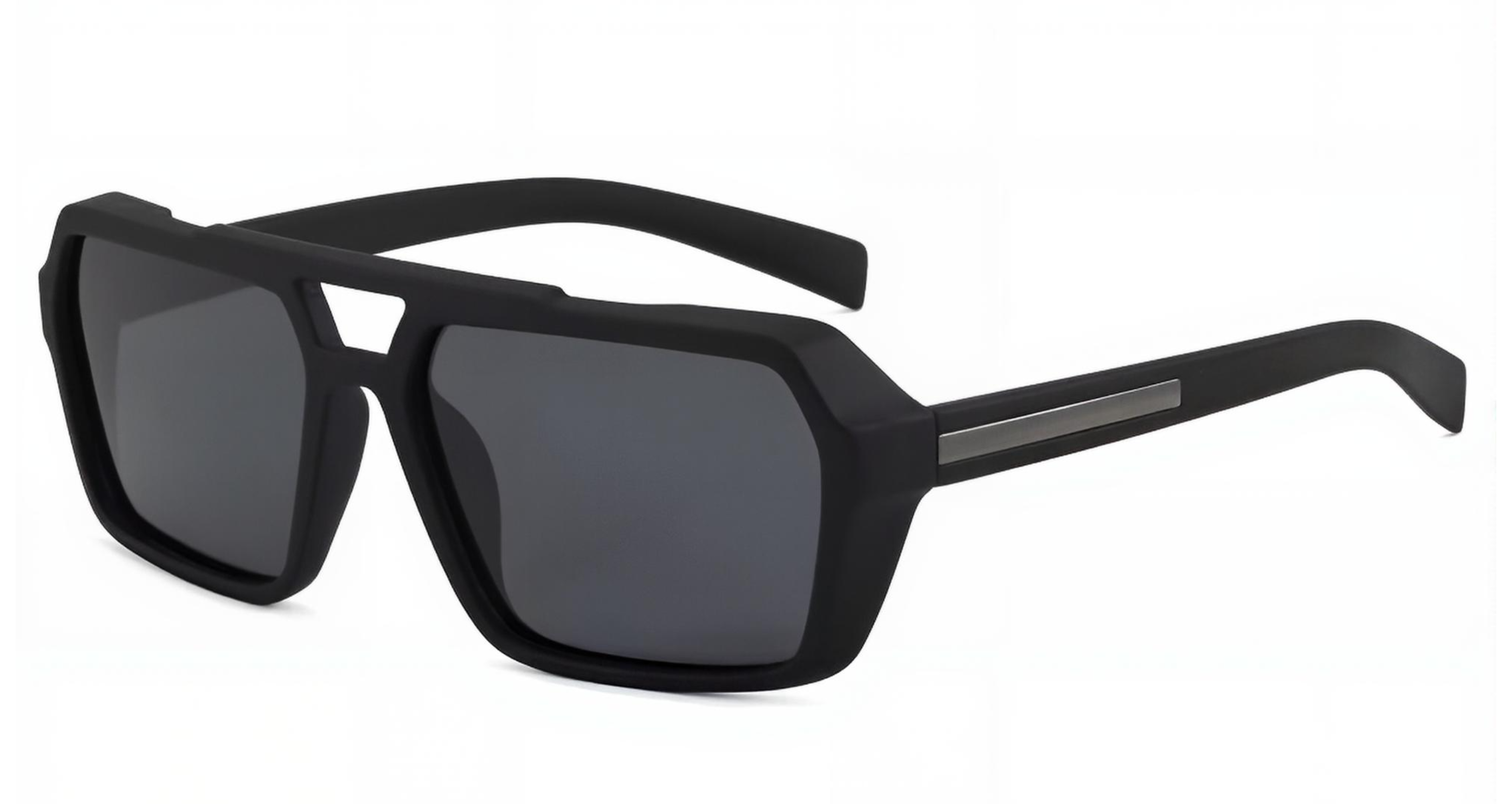 Matte black UV 400 polarised sunglasses with dark lenses and a subtle textured pattern on the temples, shown on a plain white background by Missandtrendy