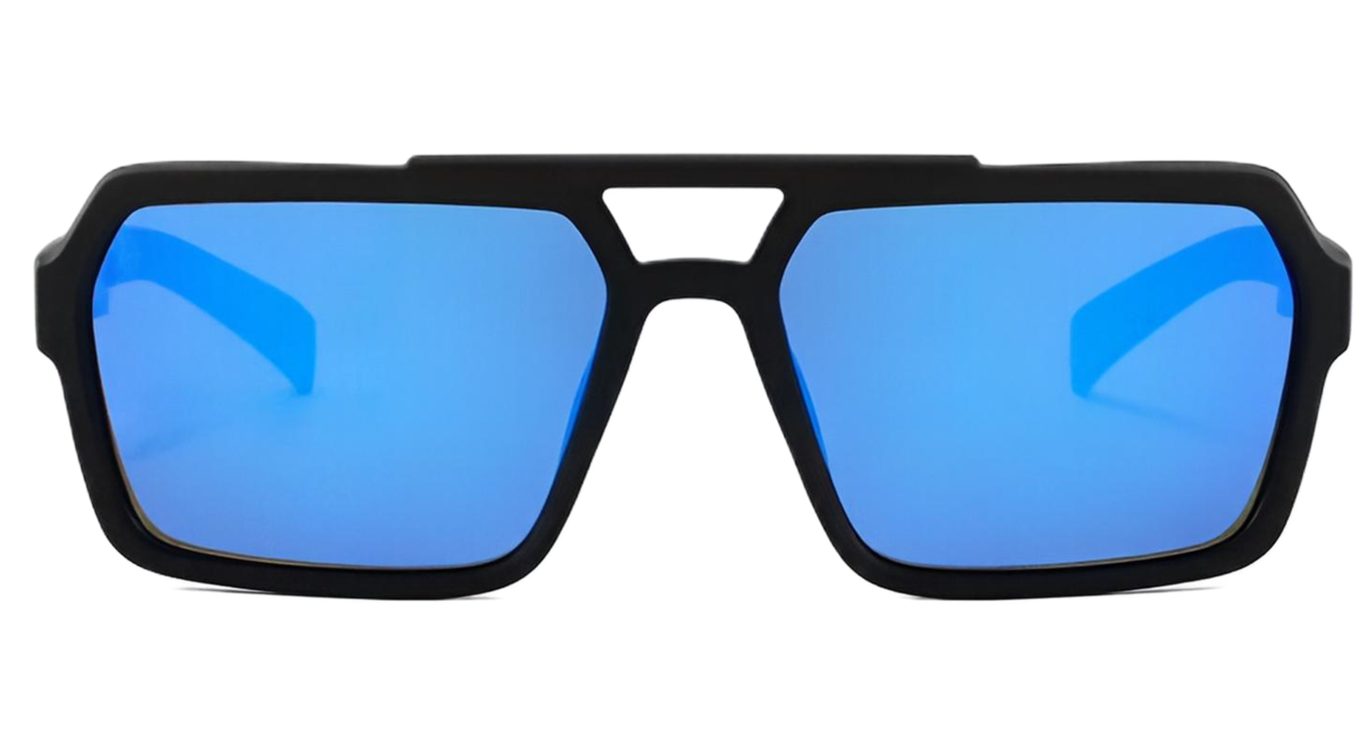 Eighties - Black square sunglasses with mirrored blue lenses, shown from the front against a plain white background - Missandtrendy