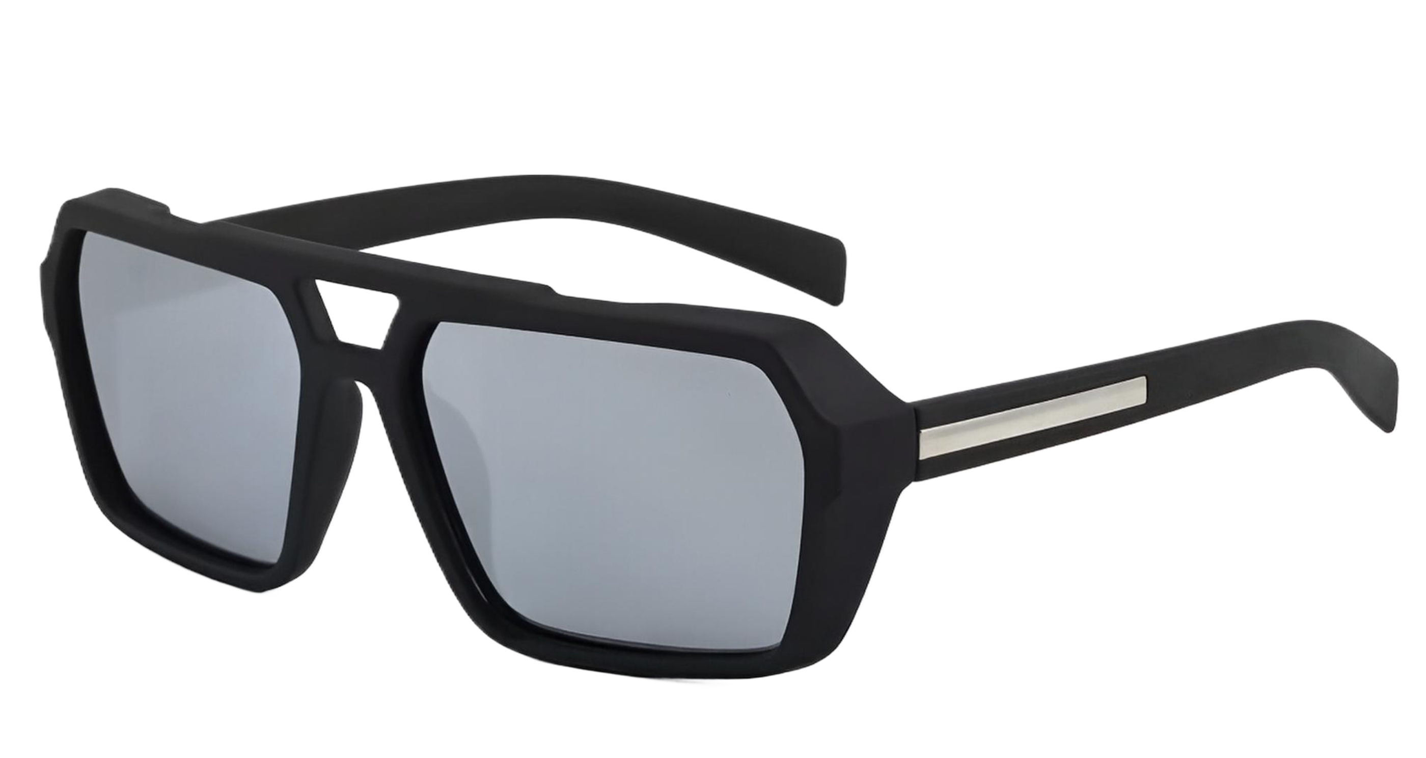 Eighties - Black angular aviator-style sunglasses with silver mirrored lenses and a silver metal accent on the temple arm, shown against a plain white background - Missandtrendy