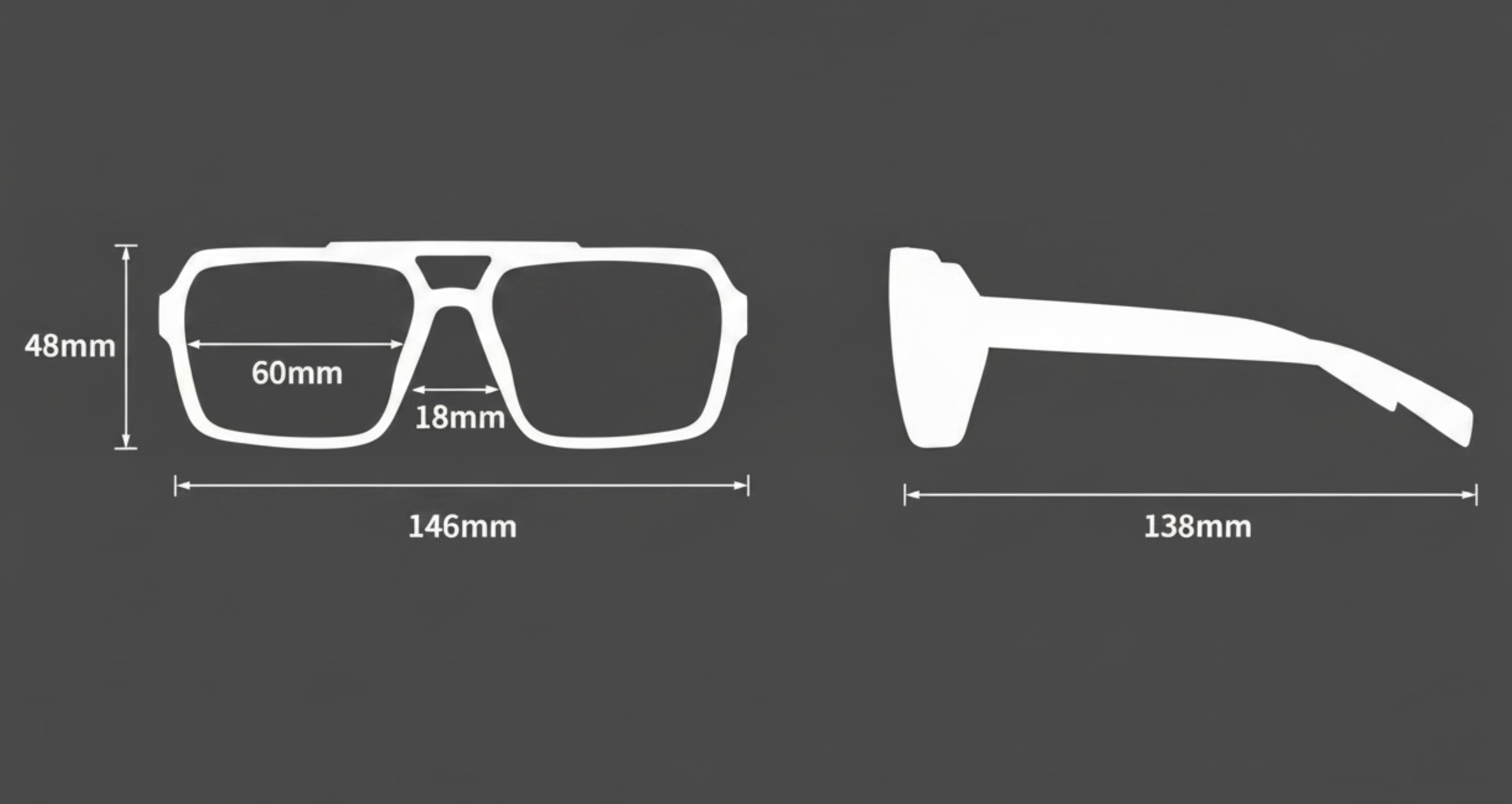 White line drawings of a pair of eyeglasses showing dimensions: front view with 48mm height, 60mm lens width, 18mm bridge width, and 146mm frame width; side view with 138mm temple length, on a dark gray background.