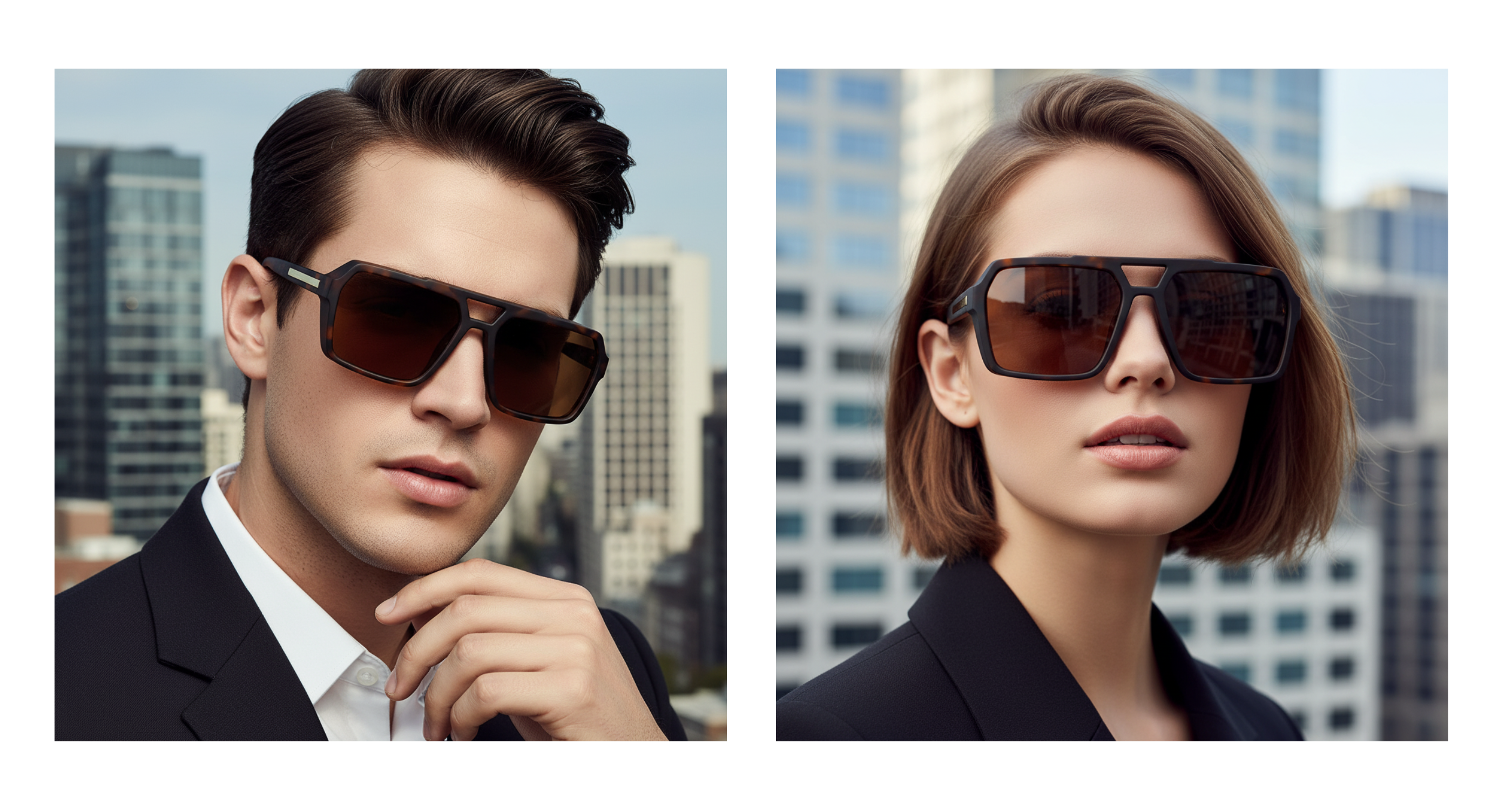 Eighties - Two models wearing oversized square UV 400 polarised sunglasses with dark brown lenses and black frames, set against a blurred cityscape background - Missandtrendy